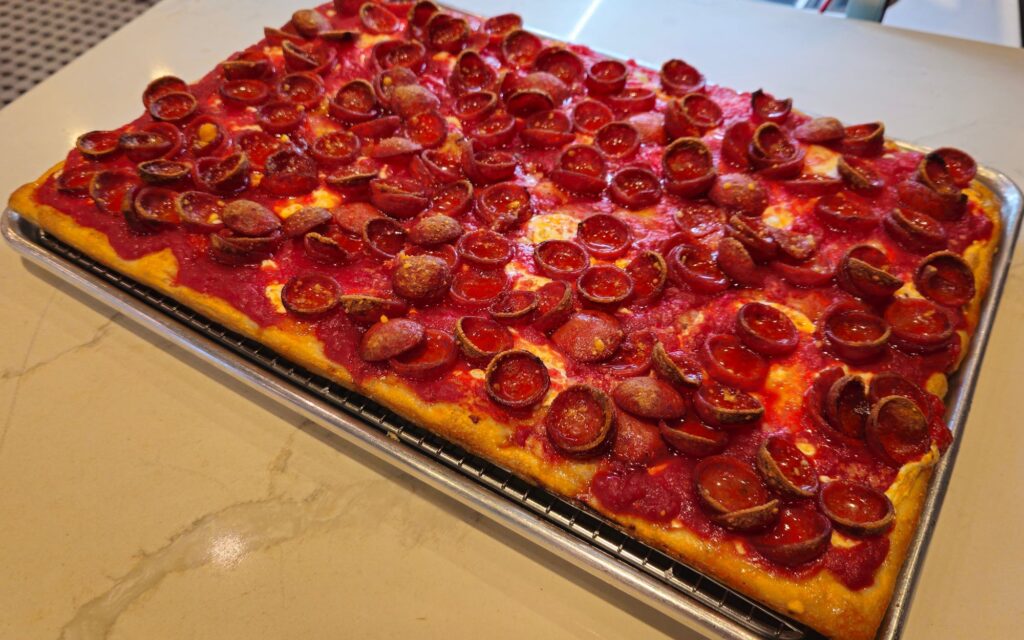 Full Sicilian-style pepperoni pie from Mimi’s Pizza — a local Upper East Side favorite and one of the most popular pizza places in Manhattan.